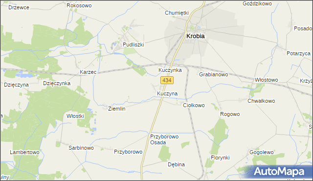 mapa Kuczyna gmina Krobia, Kuczyna gmina Krobia na mapie Targeo