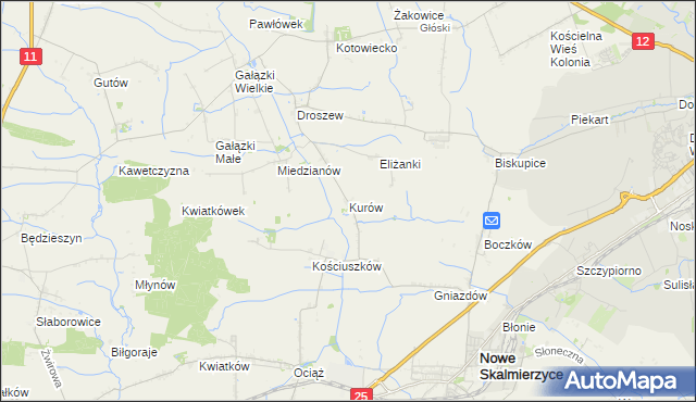 mapa Kurów gmina Nowe Skalmierzyce, Kurów gmina Nowe Skalmierzyce na mapie Targeo