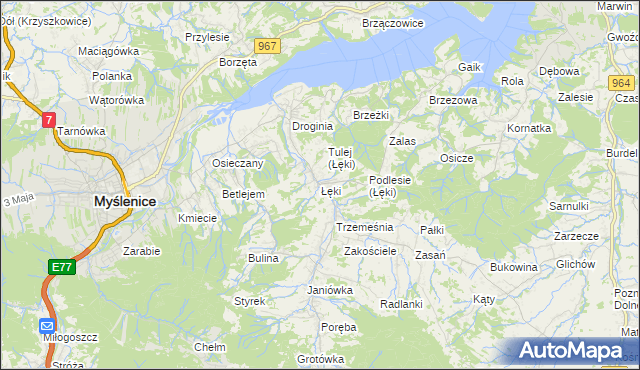 mapa Łęki gmina Myślenice, Łęki gmina Myślenice na mapie Targeo