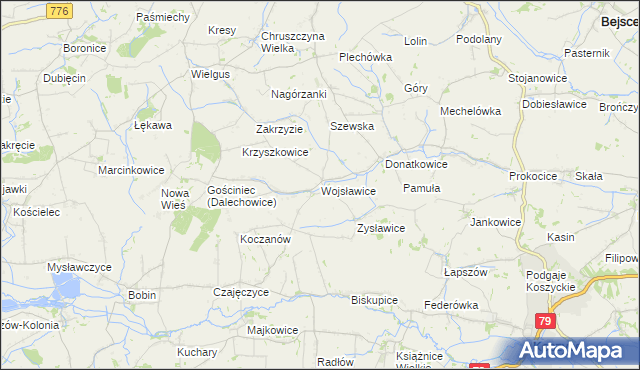 mapa Wojsławice gmina Kazimierza Wielka, Wojsławice gmina Kazimierza Wielka na mapie Targeo