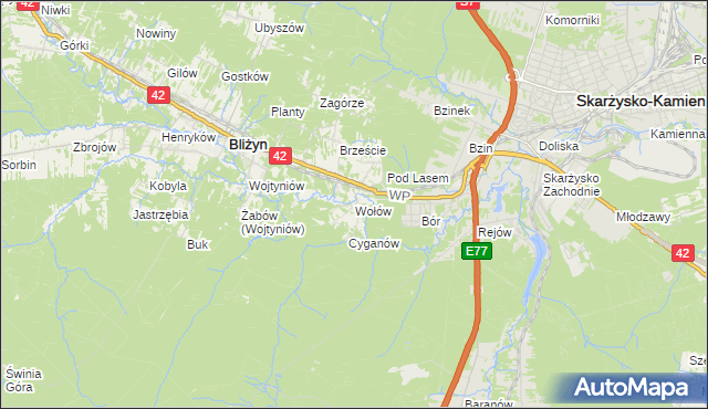 mapa Wołów gmina Bliżyn, Wołów gmina Bliżyn na mapie Targeo