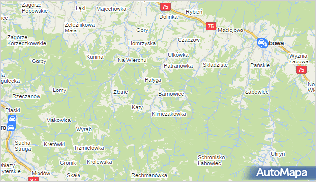 mapa Barnowiec gmina Łabowa, Barnowiec gmina Łabowa na mapie Targeo