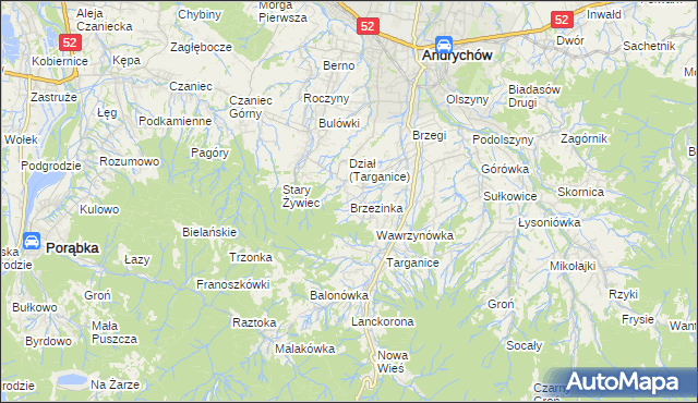 mapa Brzezinka gmina Andrychów, Brzezinka gmina Andrychów na mapie Targeo