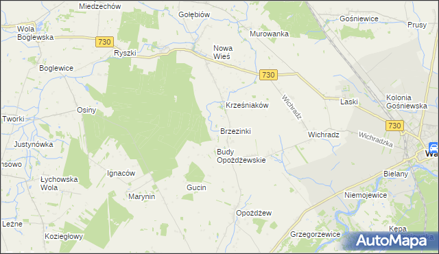 mapa Brzezinki gmina Warka, Brzezinki gmina Warka na mapie Targeo