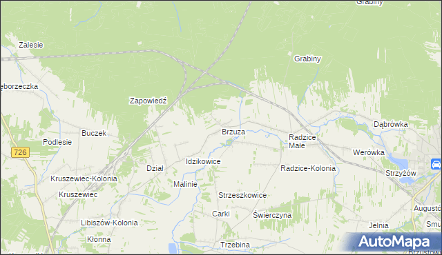 mapa Brzuza gmina Drzewica, Brzuza gmina Drzewica na mapie Targeo