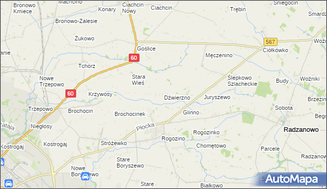 mapa Dźwierzno gmina Radzanowo, Dźwierzno gmina Radzanowo na mapie Targeo