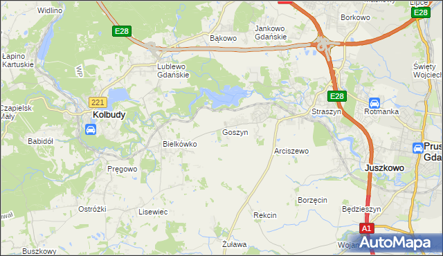 mapa Goszyn gmina Pruszcz Gdański, Goszyn gmina Pruszcz Gdański na mapie Targeo