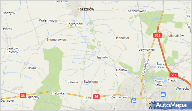 mapa Jaskółki gmina Raszków, Jaskółki gmina Raszków na mapie Targeo