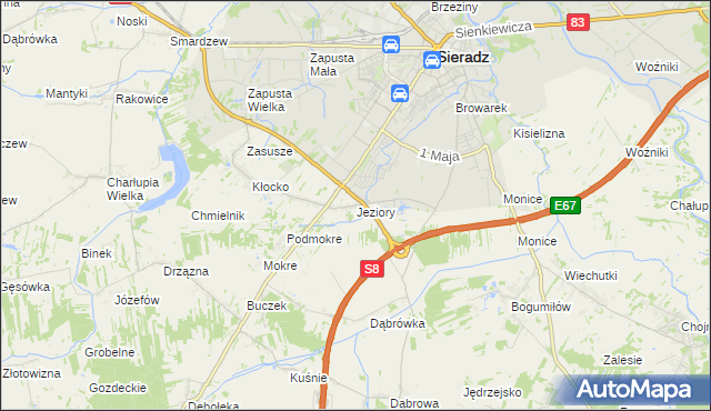 mapa Jeziory gmina Sieradz, Jeziory gmina Sieradz na mapie Targeo