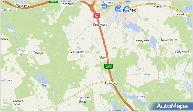mapa Juńcza gmina Olsztynek, Juńcza gmina Olsztynek na mapie Targeo