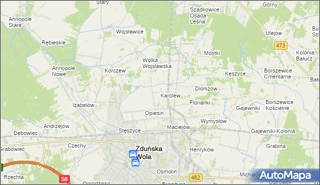 mapa Karolew gmina Zduńska Wola, Karolew gmina Zduńska Wola na mapie Targeo