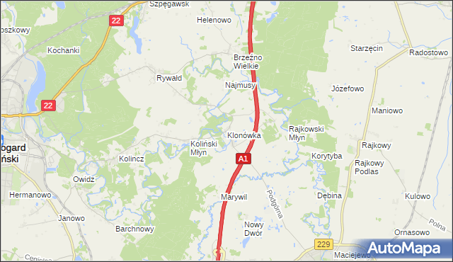 mapa Klonówka gmina Starogard Gdański, Klonówka gmina Starogard Gdański na mapie Targeo