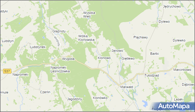 mapa Klonowo gmina Ostróda, Klonowo gmina Ostróda na mapie Targeo