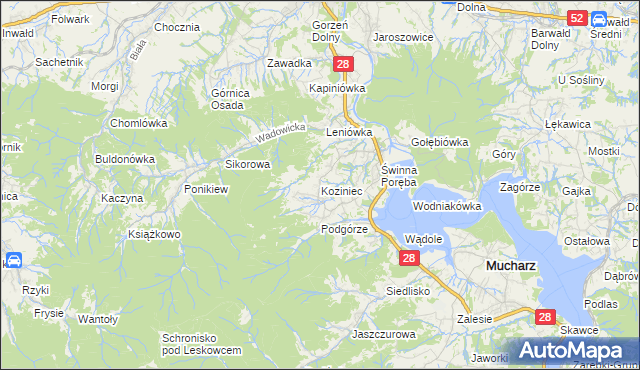 mapa Koziniec gmina Mucharz, Koziniec gmina Mucharz na mapie Targeo