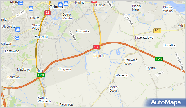 mapa Krępiec gmina Pruszcz Gdański, Krępiec gmina Pruszcz Gdański na mapie Targeo