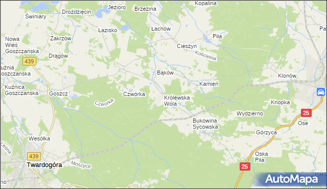 mapa Królewska Wola gmina Międzybórz, Królewska Wola gmina Międzybórz na mapie Targeo