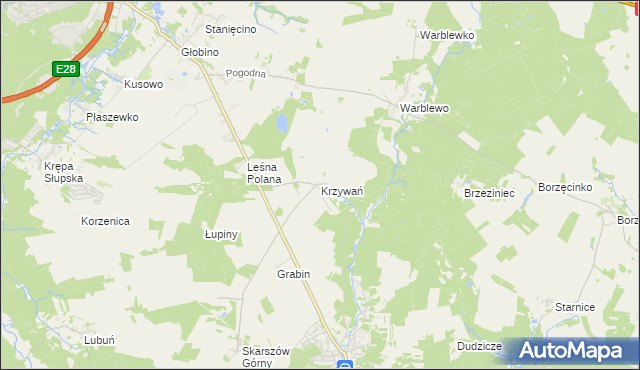 mapa Krzywań gmina Dębnica Kaszubska, Krzywań gmina Dębnica Kaszubska na mapie Targeo