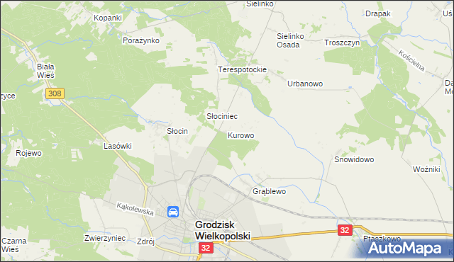 mapa Kurowo gmina Grodzisk Wielkopolski, Kurowo gmina Grodzisk Wielkopolski na mapie Targeo