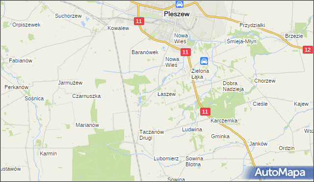 mapa Łaszew gmina Pleszew, Łaszew gmina Pleszew na mapie Targeo