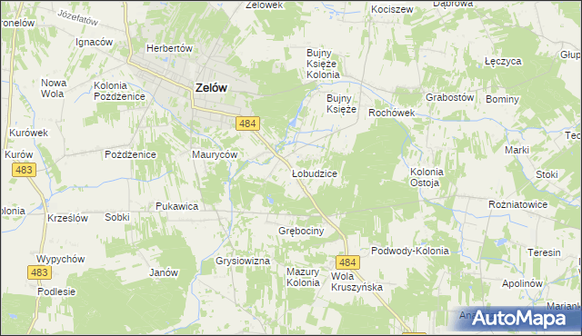 mapa Łobudzice gmina Zelów, Łobudzice gmina Zelów na mapie Targeo