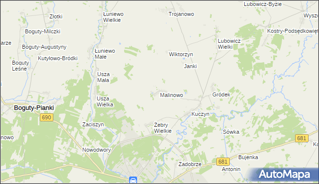mapa Malinowo gmina Klukowo, Malinowo gmina Klukowo na mapie Targeo