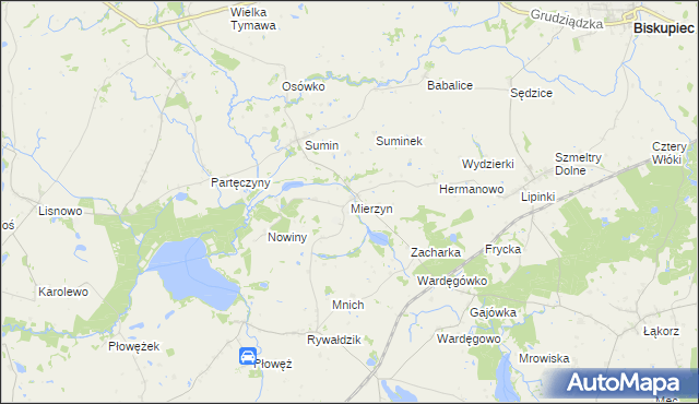 mapa Mierzyn gmina Biskupiec, Mierzyn gmina Biskupiec na mapie Targeo