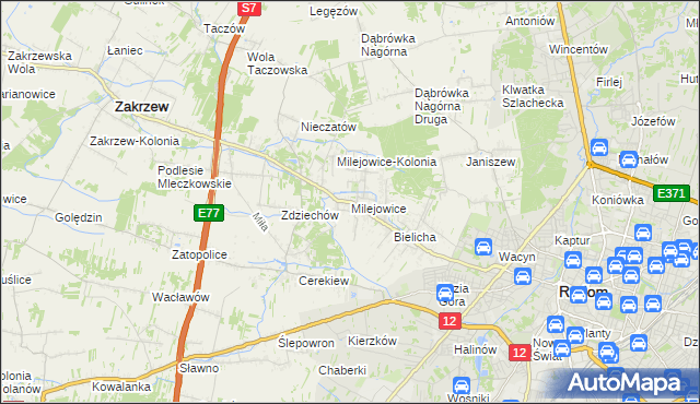 mapa Milejowice gmina Zakrzew, Milejowice gmina Zakrzew na mapie Targeo
