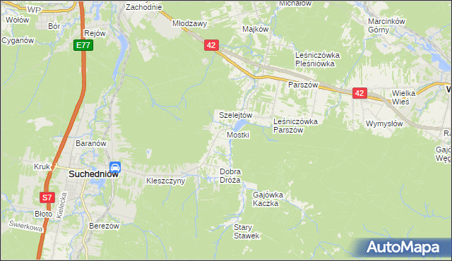 mapa Mostki gmina Suchedniów, Mostki gmina Suchedniów na mapie Targeo