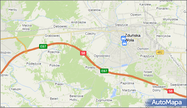 mapa Ogrodzisko gmina Zduńska Wola, Ogrodzisko gmina Zduńska Wola na mapie Targeo