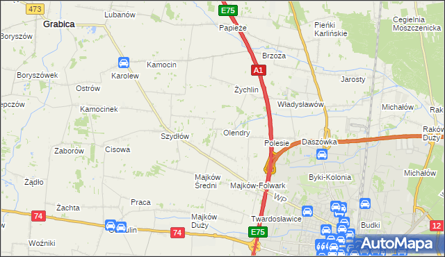 mapa Olendry gmina Grabica, Olendry gmina Grabica na mapie Targeo