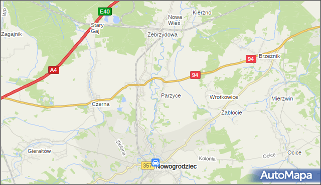 mapa Parzyce gmina Nowogrodziec, Parzyce gmina Nowogrodziec na mapie Targeo