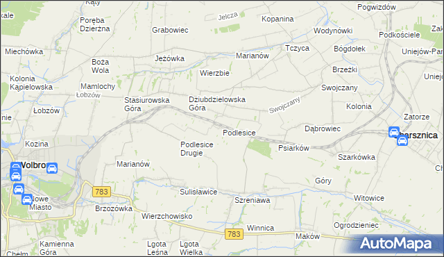 mapa Podlesice gmina Charsznica, Podlesice gmina Charsznica na mapie Targeo