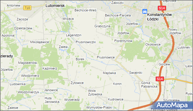 mapa Prusinowice gmina Lutomiersk, Prusinowice gmina Lutomiersk na mapie Targeo