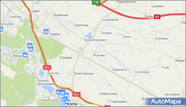mapa Runowo gmina Kórnik, Runowo gmina Kórnik na mapie Targeo