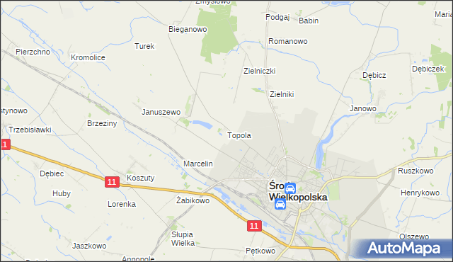 mapa Topola gmina Środa Wielkopolska, Topola gmina Środa Wielkopolska na mapie Targeo