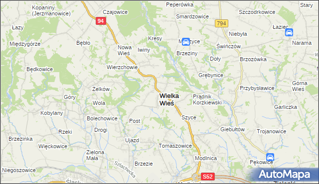 mapa Wielka Wieś powiat krakowski, Wielka Wieś powiat krakowski na mapie Targeo