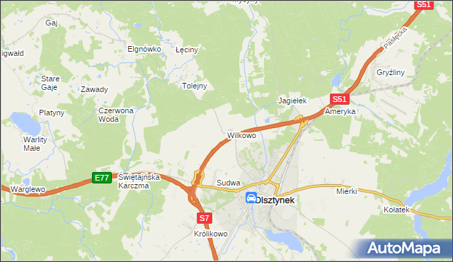 mapa Wilkowo gmina Olsztynek, Wilkowo gmina Olsztynek na mapie Targeo