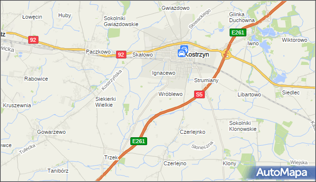 mapa Wróblewo gmina Kostrzyn, Wróblewo gmina Kostrzyn na mapie Targeo