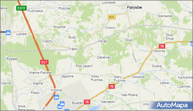 mapa Żabieniec gmina Parysów, Żabieniec gmina Parysów na mapie Targeo
