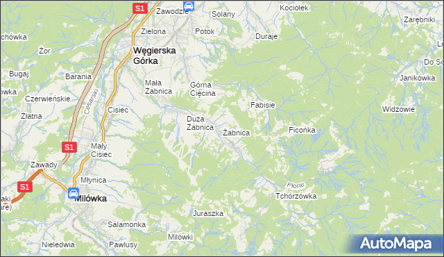 mapa Żabnica gmina Węgierska Górka, Żabnica gmina Węgierska Górka na mapie Targeo