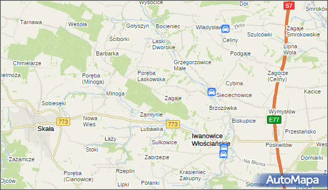 mapa Zagaje gmina Iwanowice, Zagaje gmina Iwanowice na mapie Targeo