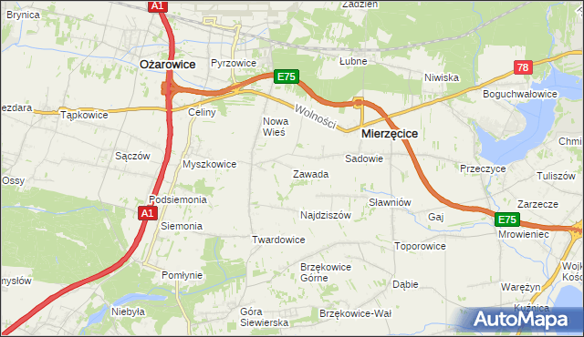 mapa Zawada gmina Mierzęcice, Zawada gmina Mierzęcice na mapie Targeo