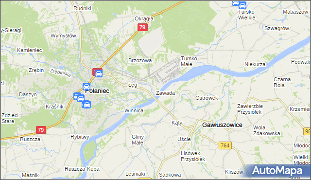 mapa Zawada gmina Połaniec, Zawada gmina Połaniec na mapie Targeo