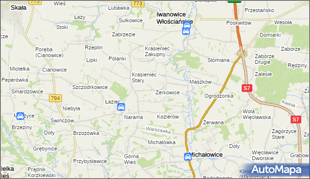 mapa Żerkowice gmina Iwanowice, Żerkowice gmina Iwanowice na mapie Targeo