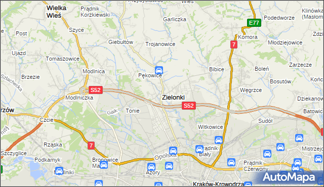 mapa Zielonki powiat krakowski, Zielonki powiat krakowski na mapie Targeo