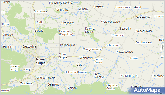 mapa Grzegorzowice gmina Waśniów, Grzegorzowice gmina Waśniów na mapie Targeo