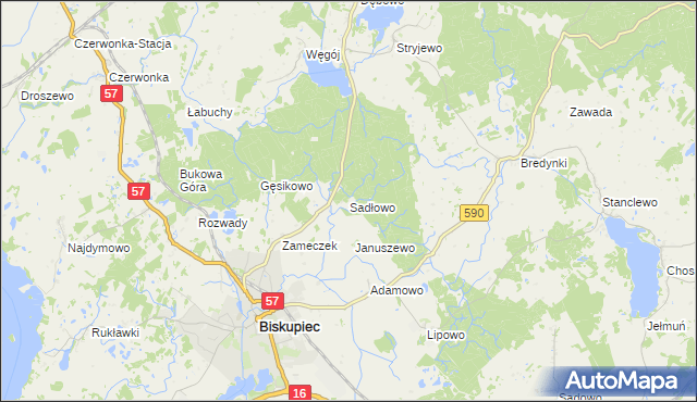 mapa Sadłowo gmina Biskupiec, Sadłowo gmina Biskupiec na mapie Targeo
