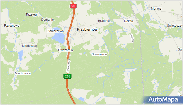 mapa Sosnowice gmina Przybiernów, Sosnowice gmina Przybiernów na mapie Targeo