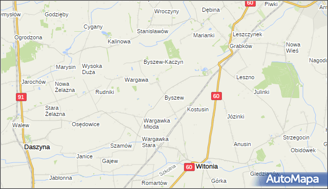 mapa Byszew gmina Kutno, Byszew gmina Kutno na mapie Targeo