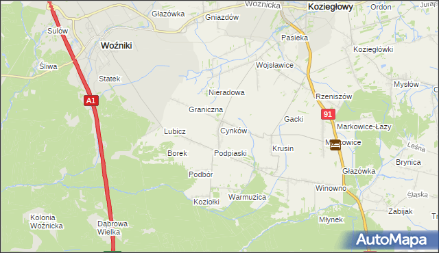 mapa Cynków gmina Koziegłowy, Cynków gmina Koziegłowy na mapie Targeo